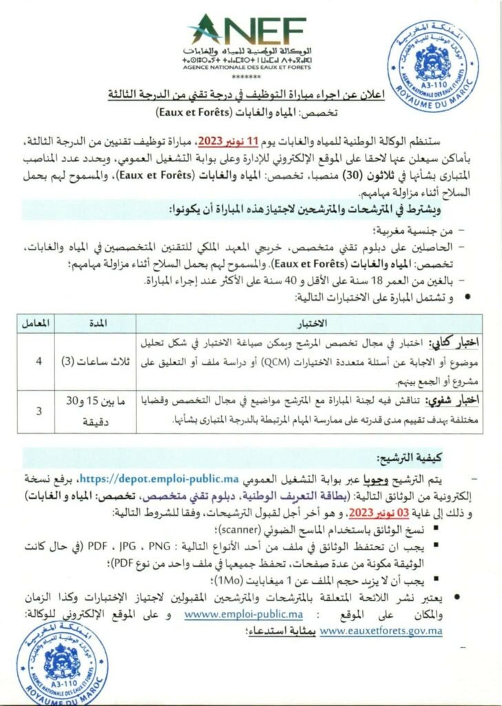 مباراة توظيف 53 منصب بالوكالة الوطنية للمياه والغابات 2023