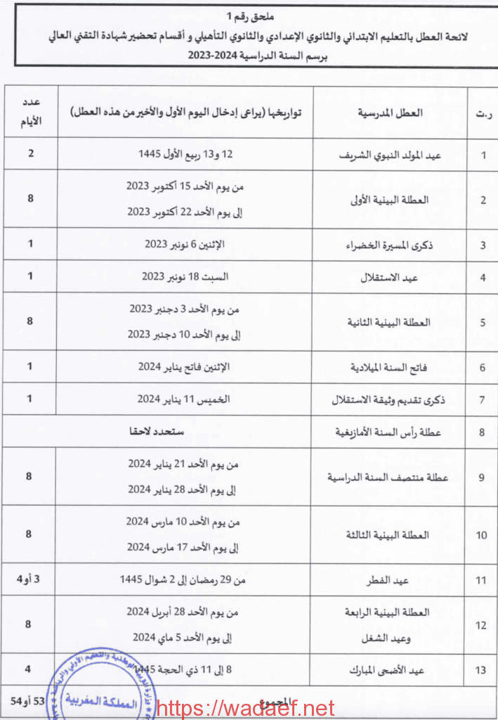 لائحة العطل المدرسية